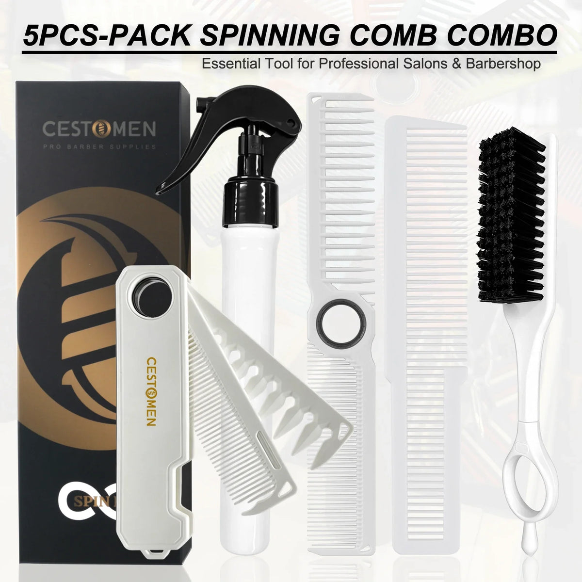 5PCS/Set Pro Barber Fine Mist Spray Bottle Spining Dual-Side Tooth Folding Haircut Comb Duster Hair Cleaning Brush Styling Tools