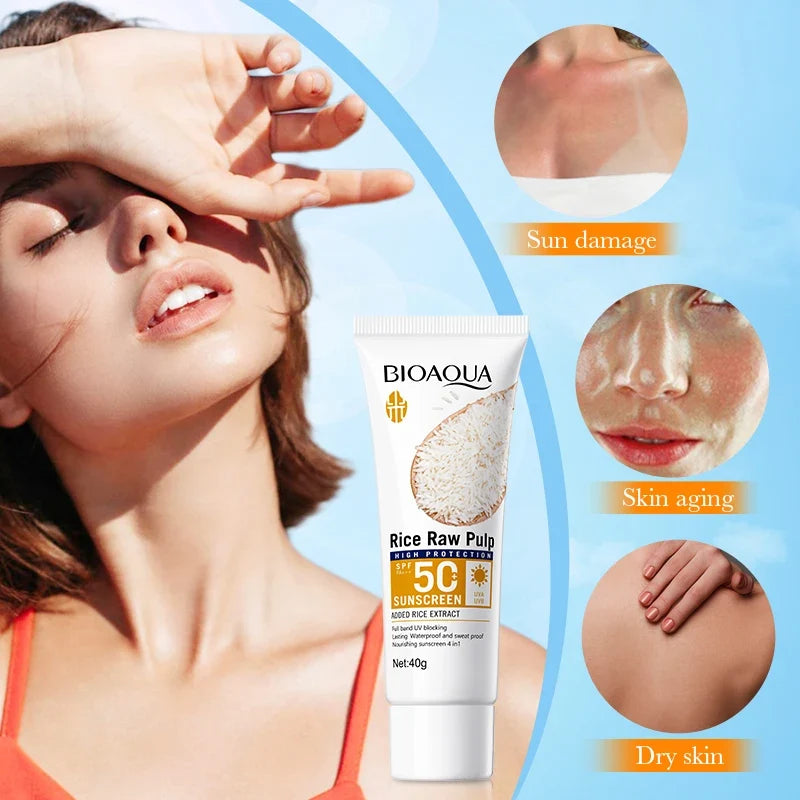 BIOAOUA Rice Puree Sunscreen SPF50+-PA+++ Isolating UV Protection, Waterproof, Suitable for Face, Neck, Body Sunscreen Lotion