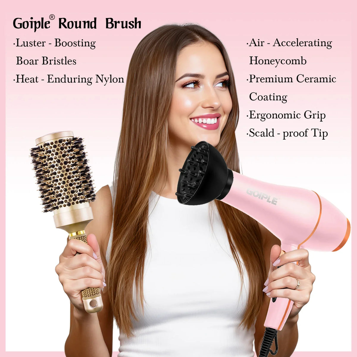 GOIPLE Blow Dryer Set with Multi-Accessories, Pink Hair Dryer with Round Brush and Attachments for All-Round Styling