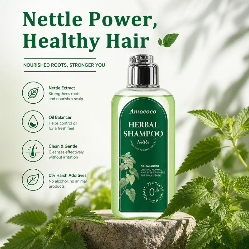 Amococo 3pcs Nettle Shampoo 220ml Each Oil Balancing Daily Hair Cleanser for Oily Normal Hair Purifying Scalp Care Gentle Formula