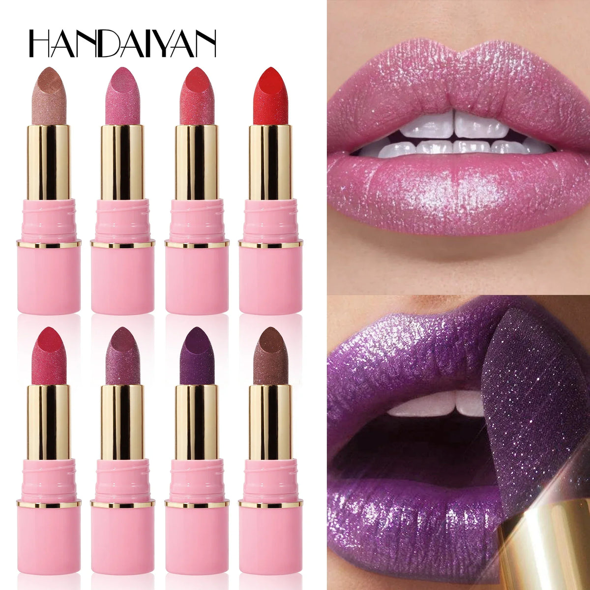 8 Colors Glitter Diamond Lipstick Long-Lasting Pink Brown Pearlescent Metallic Purple Sparkling Lipstick Makeup Cosmetic