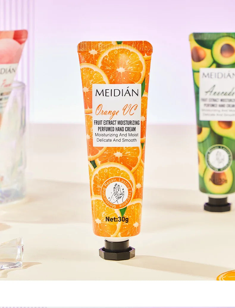 Five piece fruit scented hand cream for moisturizing and long-lasting fragrance retention. Hand care mask cream