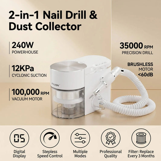 240W  Brushless 2-in-1 Nail Drill Vacuum 35000RPM Manicure Station Dust Collector Factory Wholesale 2026 PULLYON