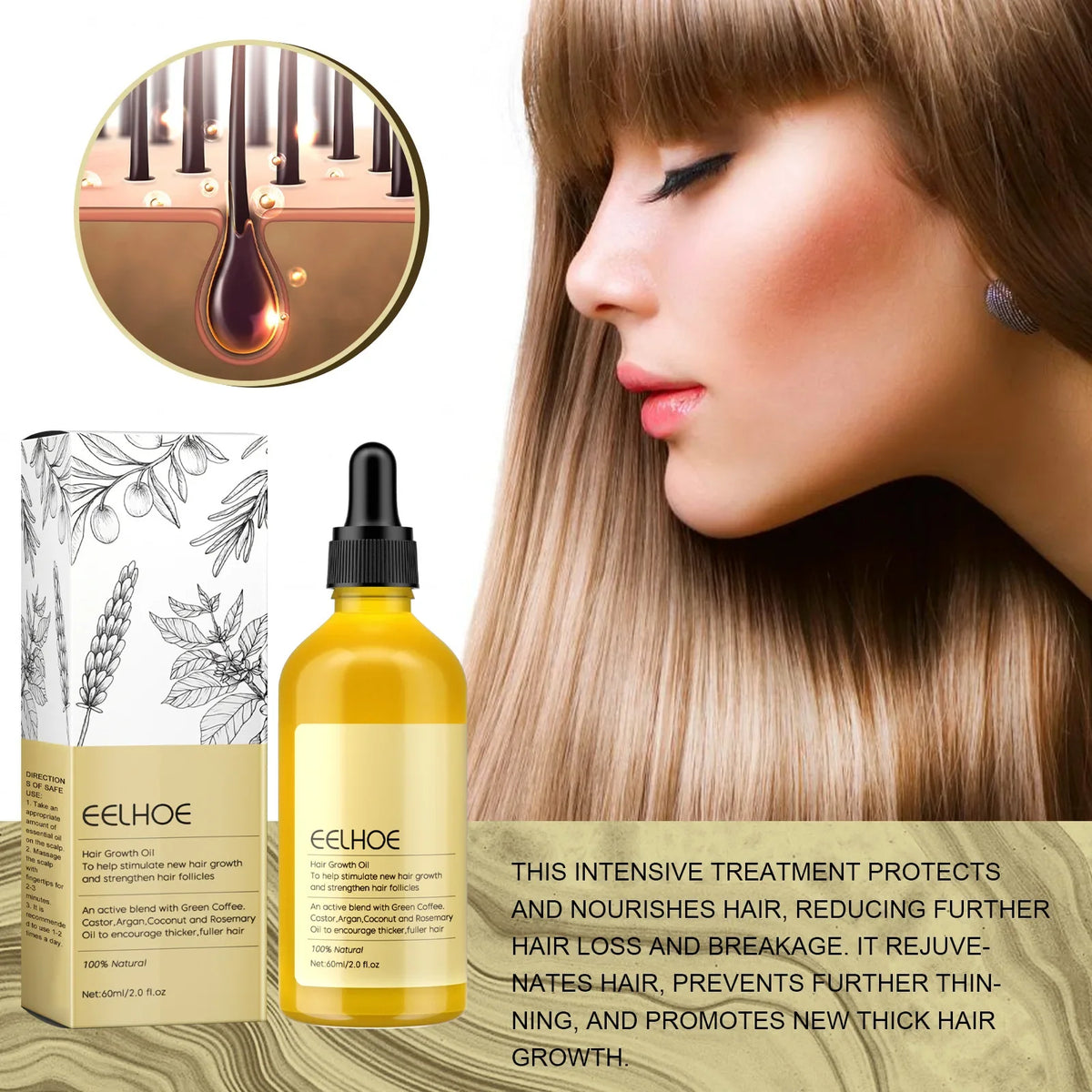EELHOE Natural Rosemary Hair Growth Essential Oil Smooth Hair Strengthening Repair Hair Loss Prevention Rosemary Essential Oil