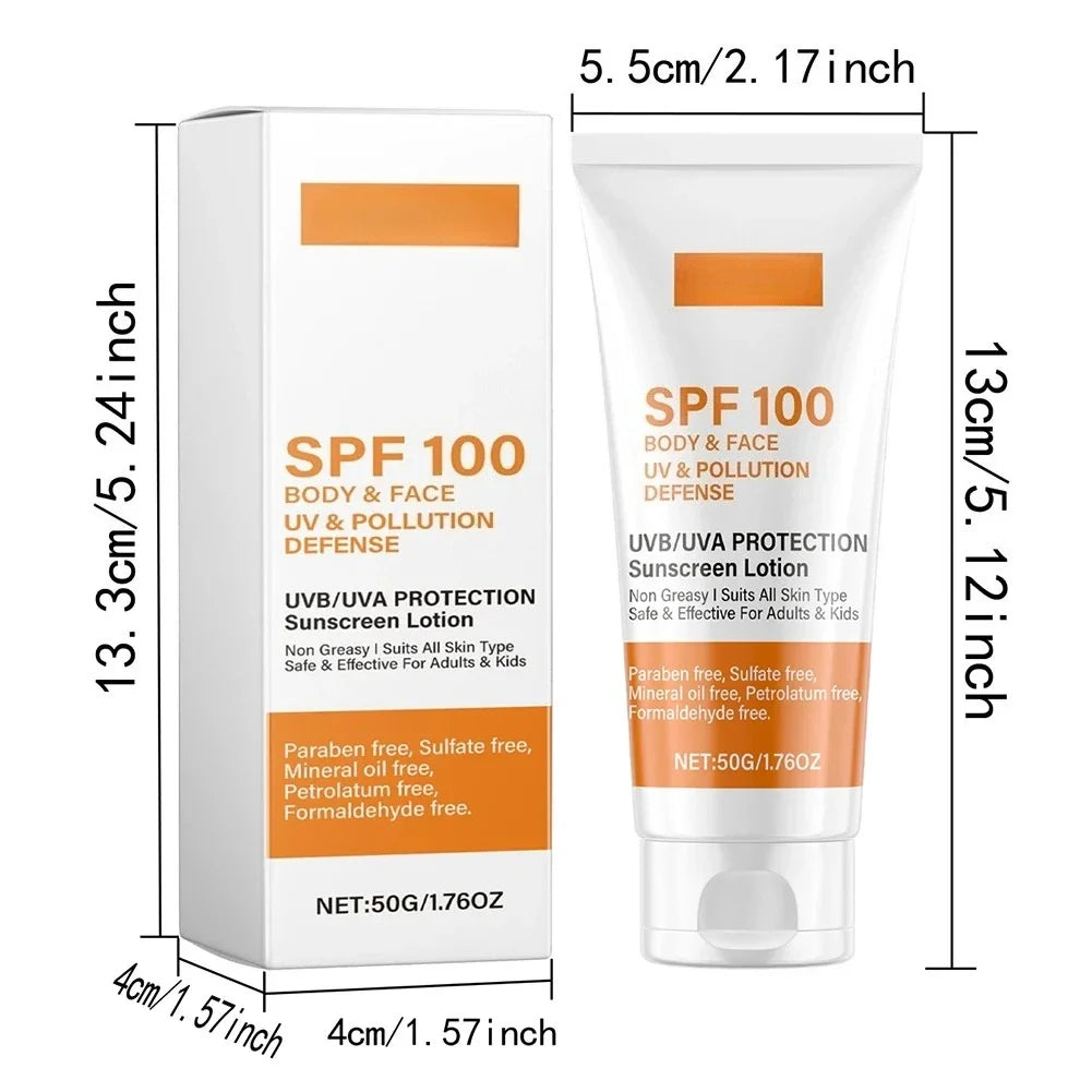 Face & Body Sunscreen Non-Greasy SPF 100+ Facial Sunblock UVA & UVB Protection Sunblocking Cream Anti Aging for Summer Beach