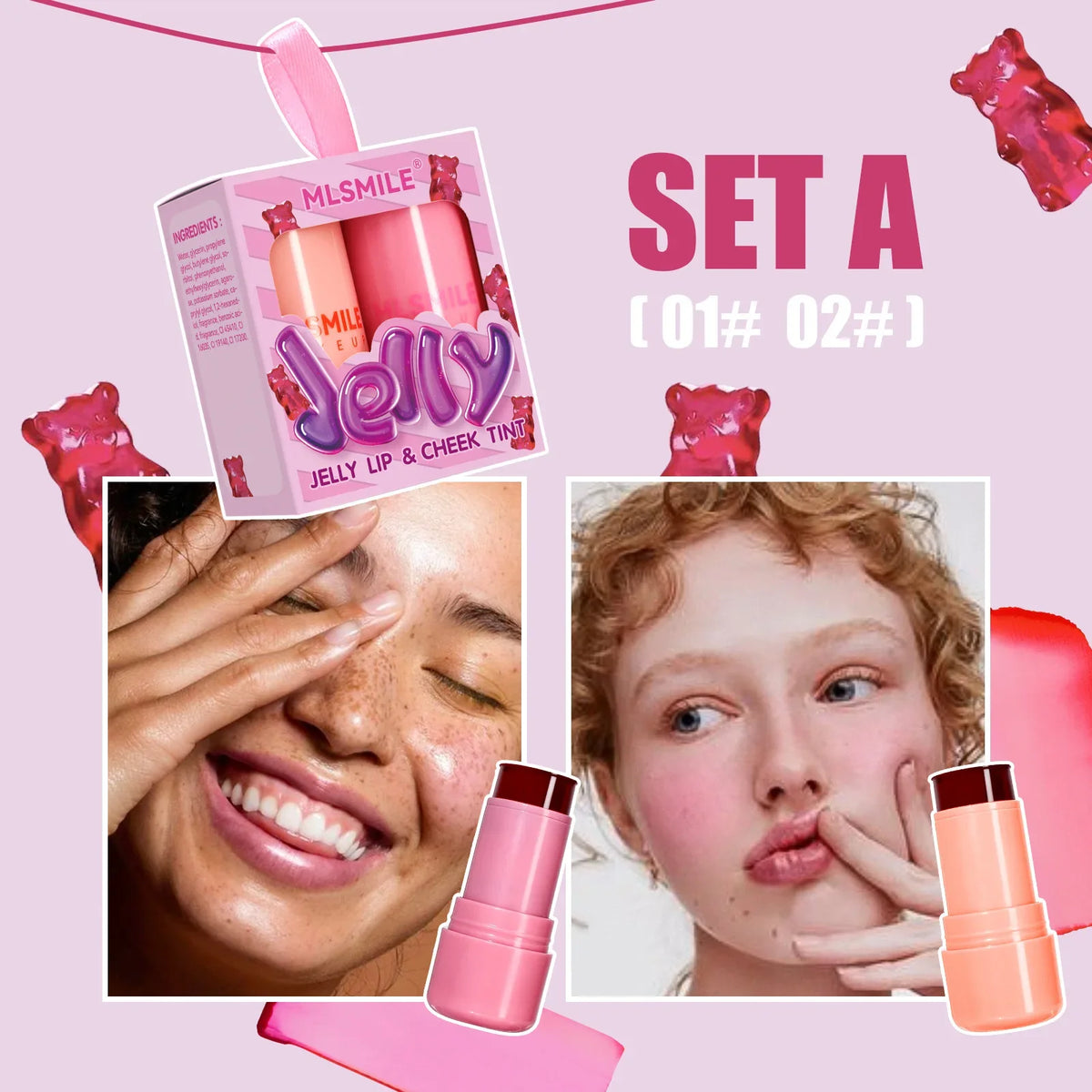 2 PCS Jelly Powder Blusher 2in1 Blush and Lip Rouge Stick Jelly Tint Hydrating Long-Lasting Coloring Vibrant