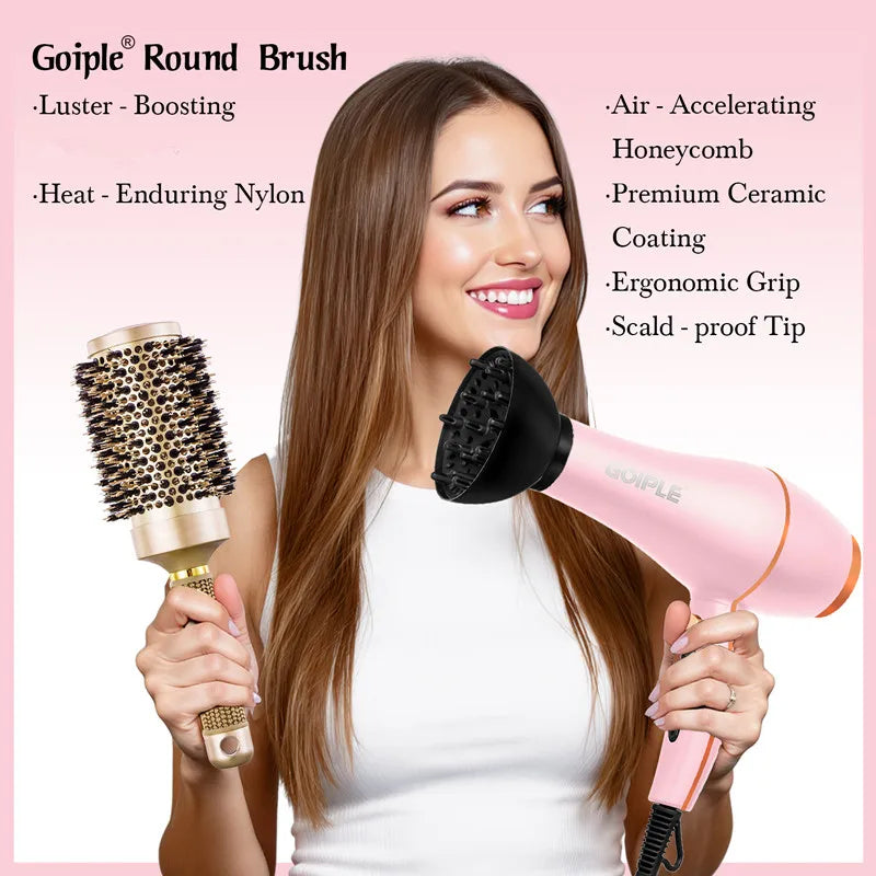 GOIPLE Blow Dryer Set with Multi-Accessories, Pink Hair Dryer with Round Brush and Attachments for All-Round Styling