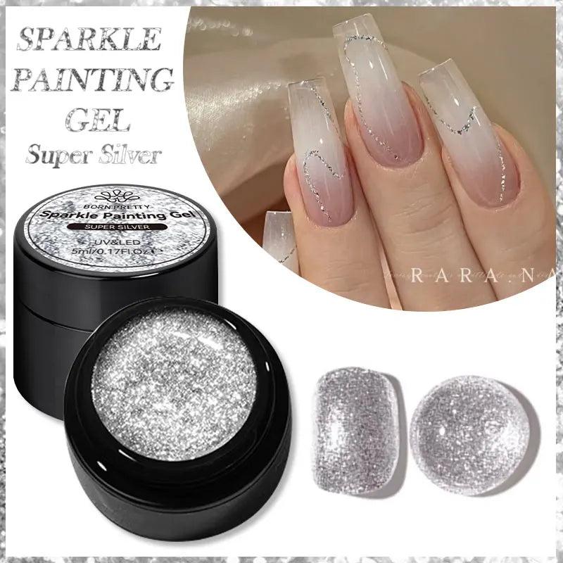 BORN PRETTY 5ml Super Sparkling Painting Gel Nail Polish Platinum Silver Gold Rose Glitter Graffiti Stripe Pull Line Nail UV Gel