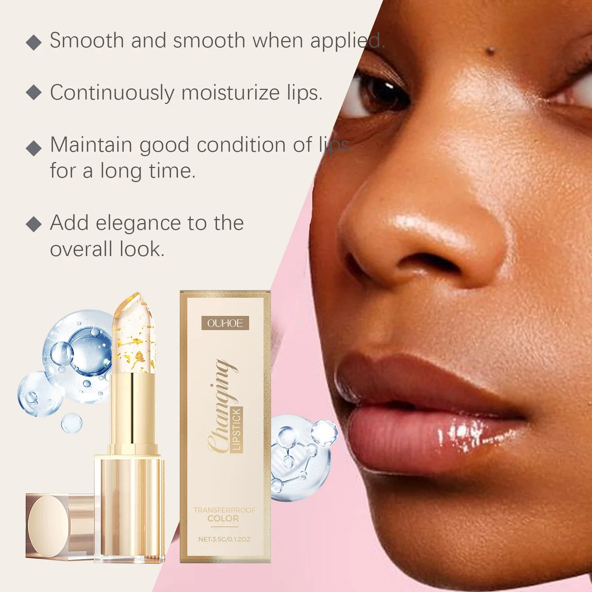 Gold Foil Color Changing Lip Balm Glossy Non-Sticky Nourishing Moisturizing Lasting Transferproof Color Changing Lipstick