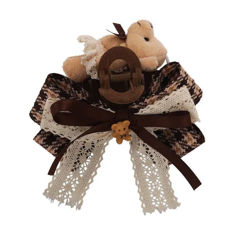 1pc Cartoon fabric teddy bear clip hair clip, new autumn and winter checkered bow headband, shark clip hair clip hair accessory