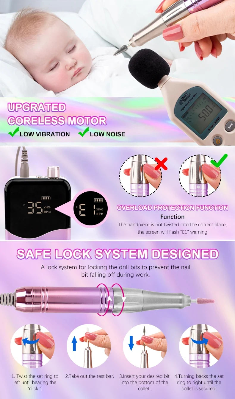 Coreless Motor Handle 35000RPM Portable Professional Nail Drill with Desktop Base 35K Cordless Battery Wireless Powerful Wave