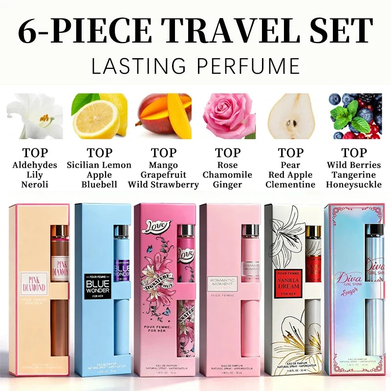 6-piece travel set, men's and women's eau de toilette spray, long-lasting fragrance, 6 different flavors, perfect for holiday gi