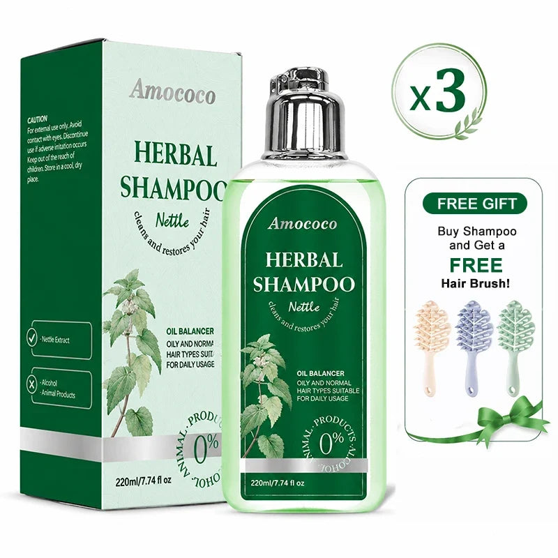 Amococo 3pcs Nettle Shampoo 220ml Each Oil Balancing Daily Hair Cleanser for Oily Normal Hair Purifying Scalp Care Gentle Formula