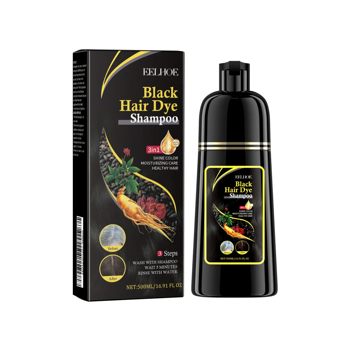 EELHOE Black Hair Dye Shampoo 3 in 1 Growth Clean Hair Darkening Deep Nourishing Black Hair Dye Shampoo Natural Organic Herbal