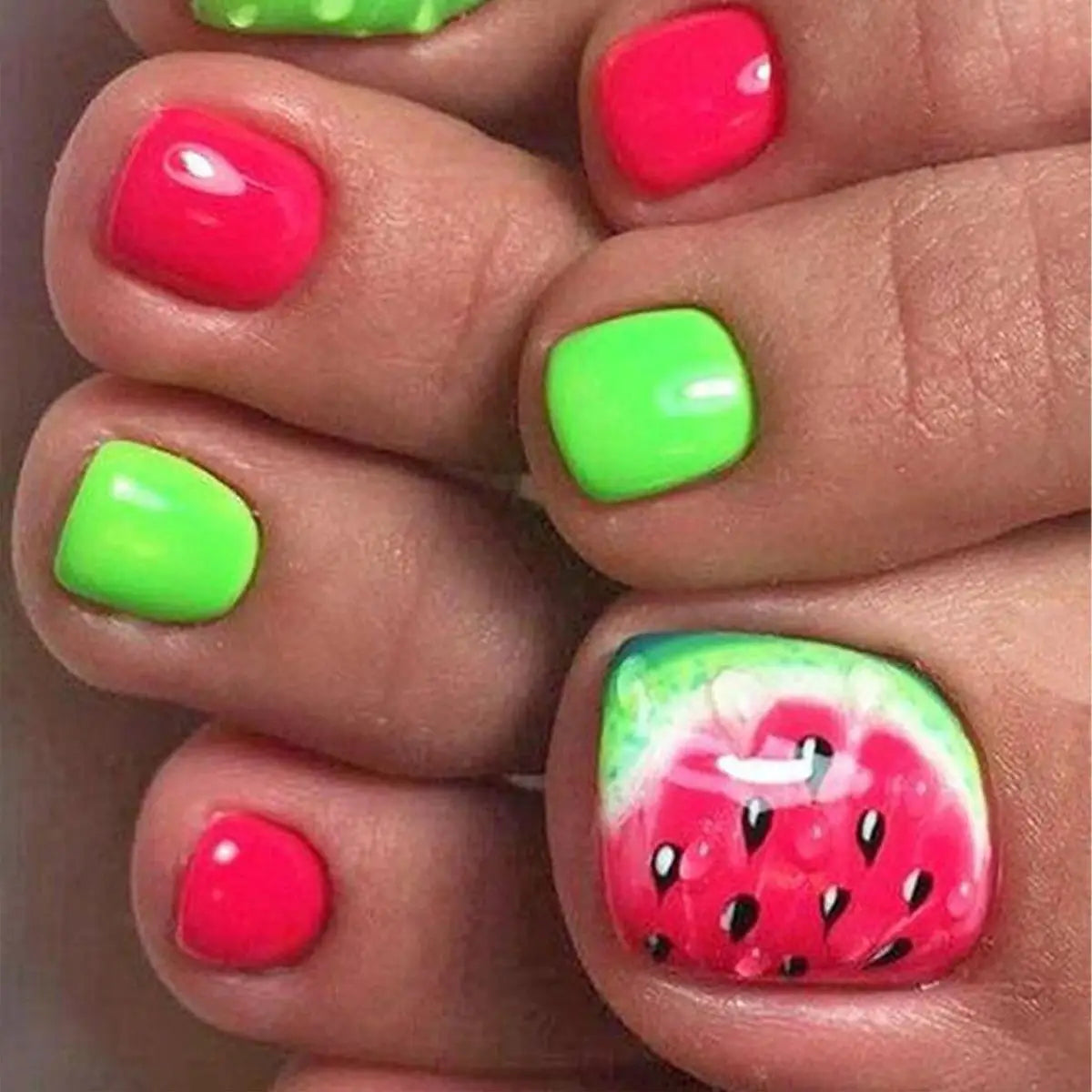 24pcs Colorful Painted Watermelon Fake Toenails Little Fresh Summer Beach Wearable False Toenail Shiny Diamond Press On Toenails