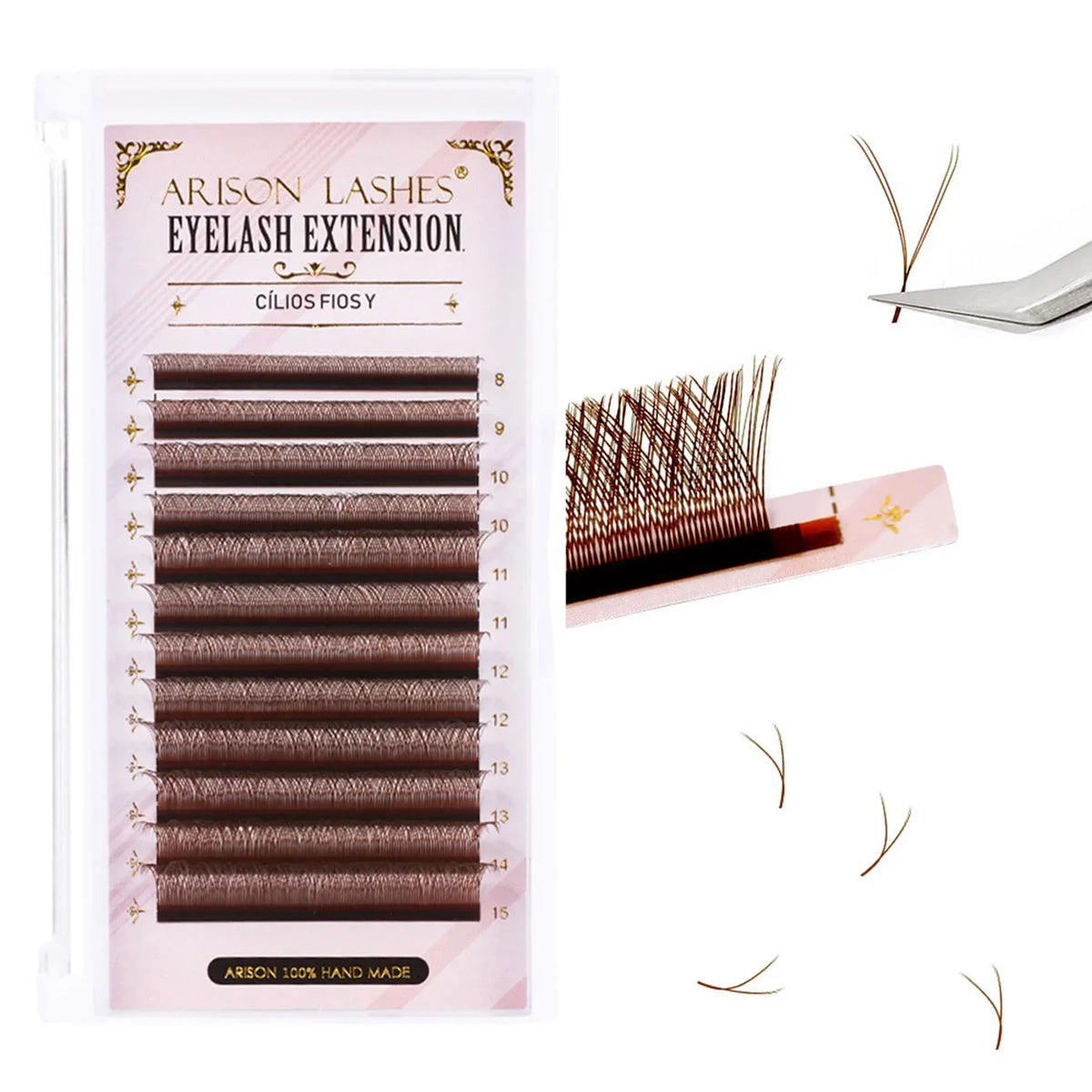 ARISON Brown 2D YY Lashes Double Tips Eyelashes Extension Cilios Y Premade Volume YY Shape EyeLash Grafting Extension Split Tip