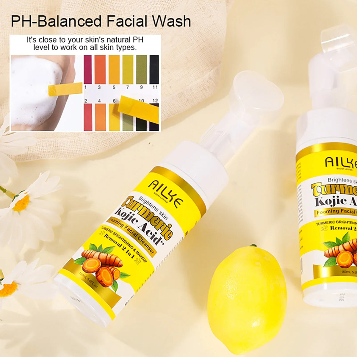 AILKE Brightening Foaming Facial Cleanser, With Natural Turmeric, Kojic Acid, Remove Makeup Residue and Acne, Clean Skin,160 ml