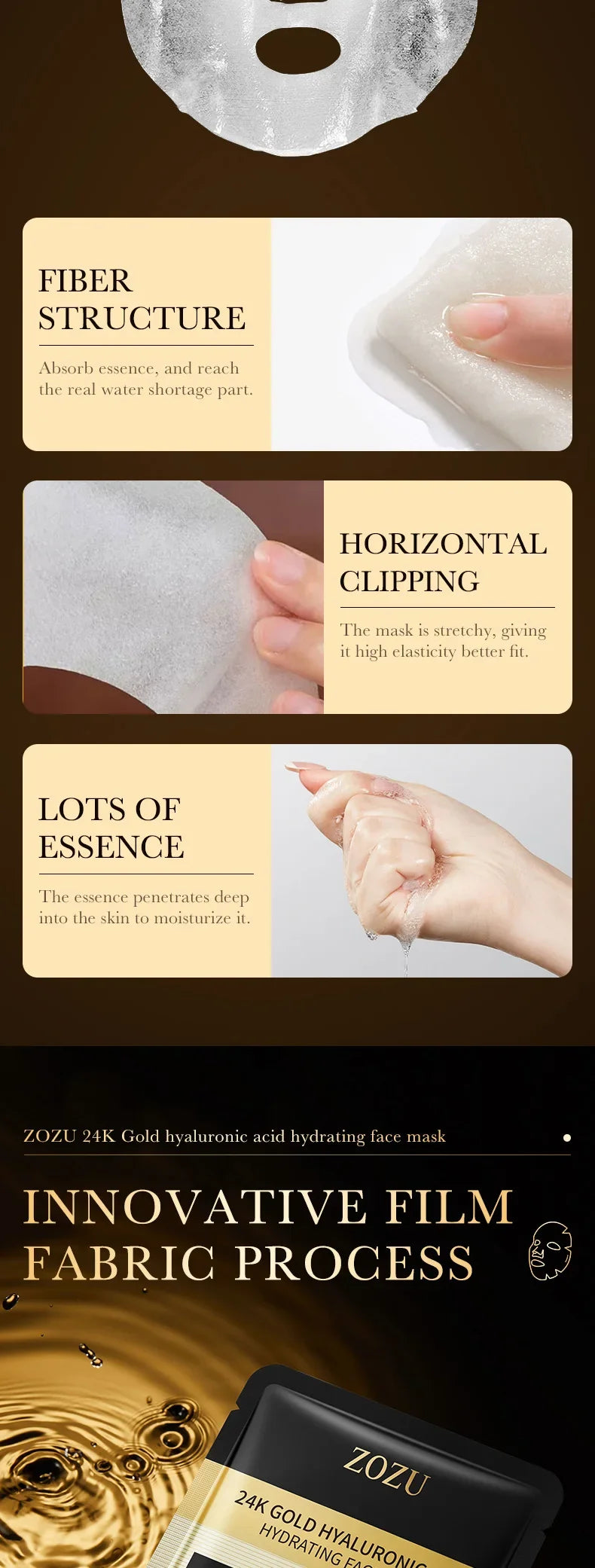 10pcs 24K Golden Hyaluronic Acid Face Mask Facial skincare Firming Moisturizing Hydrating Facial Masks Skin Care Products