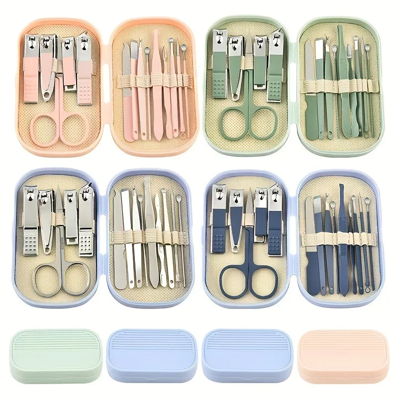 14 Piece Deluxe Nail Care Kit Pink & Blue Stainless Steel Manicure & Pedicure Set with Nail Scissors Clippers Ear Digging Spoon