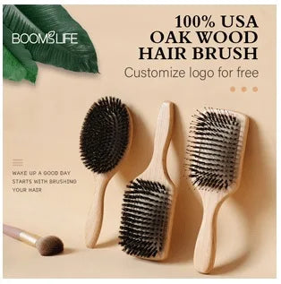 Custom Boar Bristle Hair Brush Women Hair Anti-Static Scalp Massage Comb Wood Hair Brush for Curly Thick Long Hair Detangler