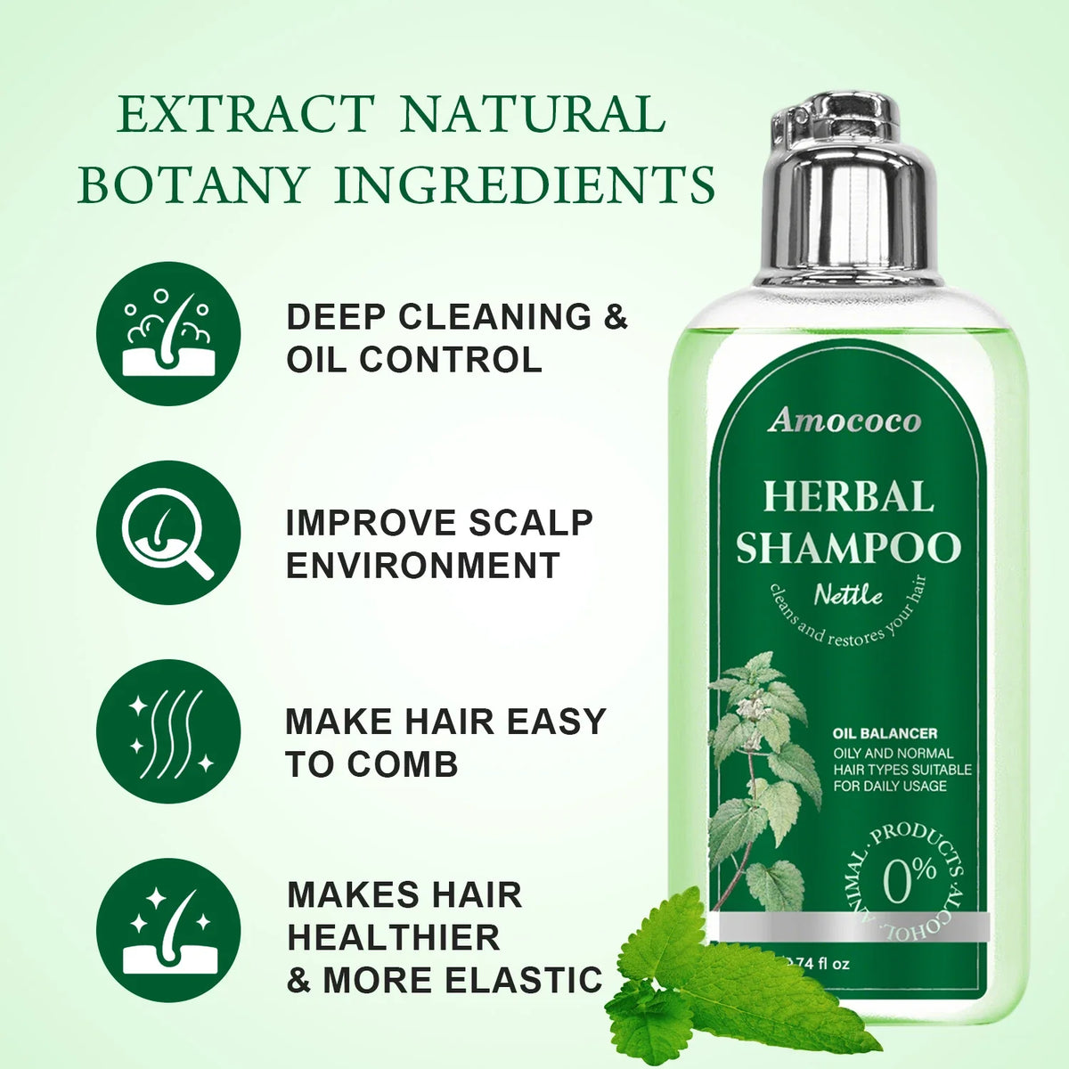 Amococo 3pcs Nettle Shampoo 220ml Each Oil Balancing Daily Hair Cleanser for Oily Normal Hair Purifying Scalp Care Gentle Formula