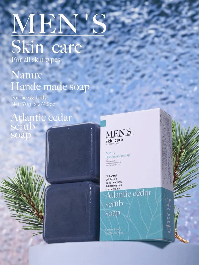 Cedrus Atlantica Scrub Soap for Men Anti-Acne Herbal Olive Oil Face Wash with Floral Pattern for Adults