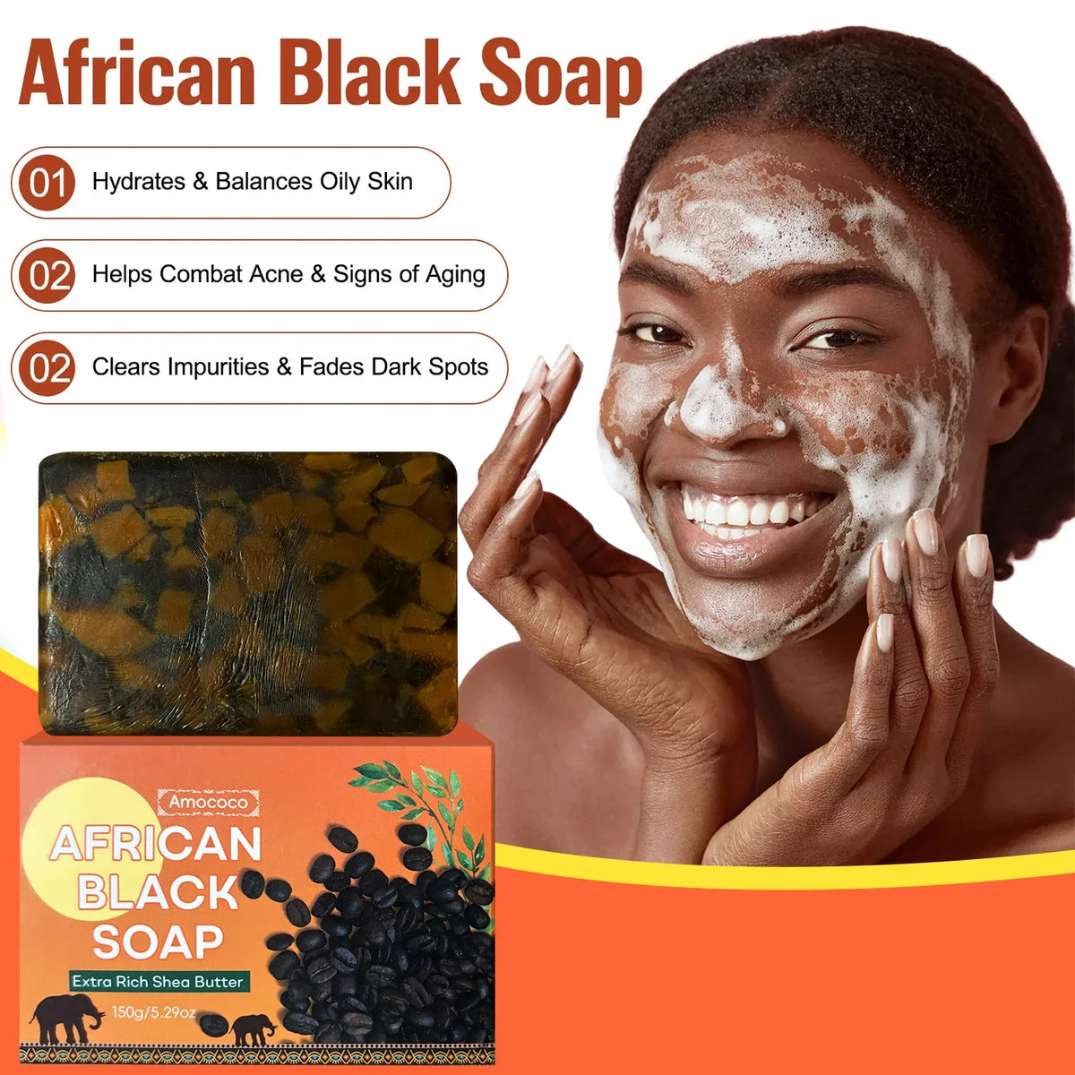 Amococo 3/6pcs African Black Soap Bar 150g Shea Butter Body Soap Moisturizing Cleansing Bath Soap with Coconut Oil Caffeine Neem Extract Natural Skin Care Soap for Men Women Dry Skin