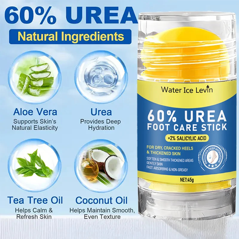 60% Urea Foot Stick 2% Salicylic Acid Smooths. Softens Cracked Heels and Thickened Skin. Fast Absorbing. Tea Tree Coconut. 45g.