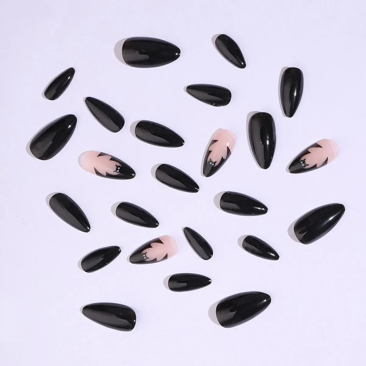 Black Cool Fake Nails Halloween Bat Press on Nails Almond Decorated Nail Tips Rivet Bow False Nails 24pcs Reusable Acrylic Nails