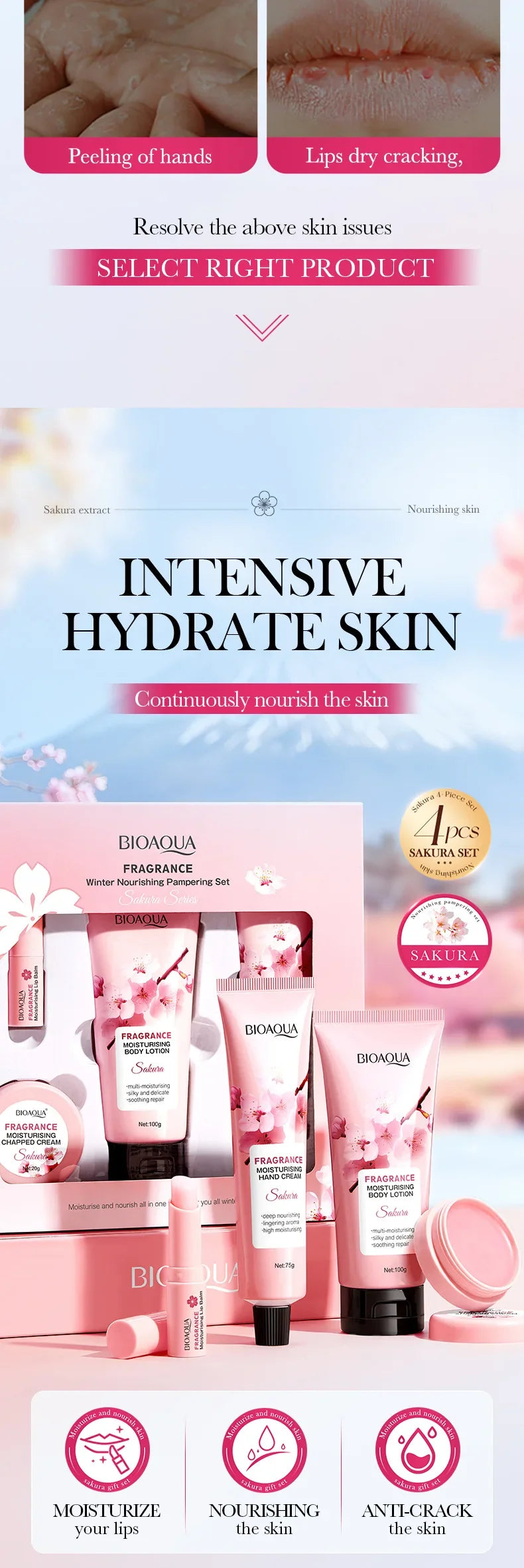 4pcs/set BIOAQUA Sakura Skin Care Sets Moisturizing Cream for Body Hand Cream Lip Balm Body Lotion Anti-Aging Skin Care Kit