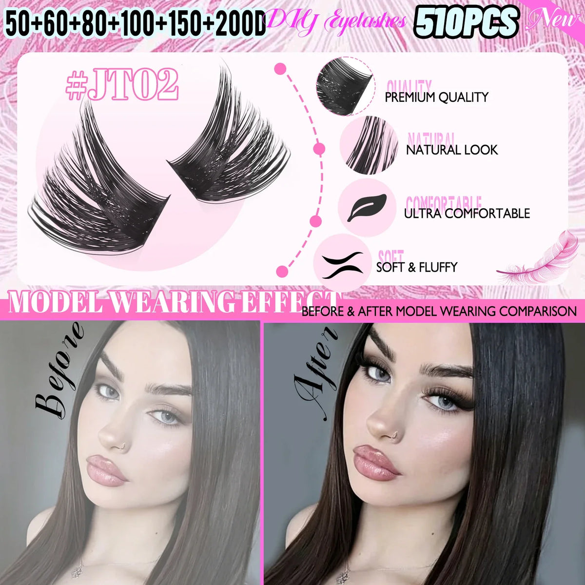 GROINNEYA Fluffy Lashes Clusters 510pcs D Curl 6 Styles 8-16mm Wispy Individual Lashes Soft False Eyelashes Eyelash Extensions