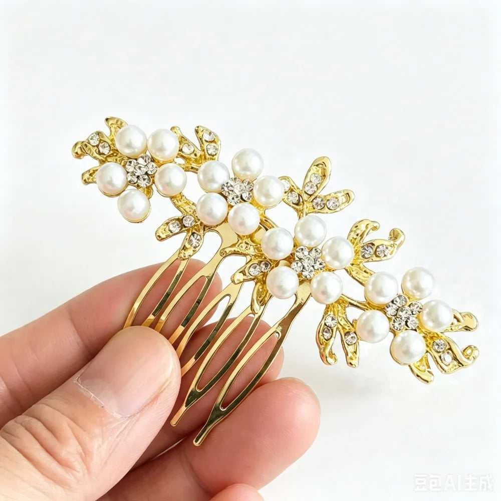 Floral Pearl Rhinestone Hair Comb Elegant Metal Leaf Bridal Hair Clip Pins Wedding Hair Accessory for Bride Updo Hairstyle