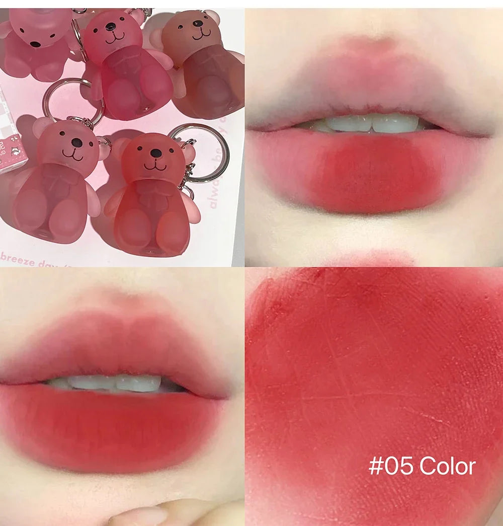 Cute Bear Velvet Lip Mud Keychain Matte Nude Red Lip Gloss Autumn Winter Non-stick Cup Lipstick Waterproof Lasting Lips Makeup