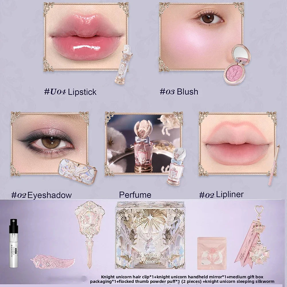 Flower Knows Knight Unicorn Collection Makeup Gift Set Perfumes Lipstick Blush Cloud Setting Powder Eye Shadow Cosmetics Kit