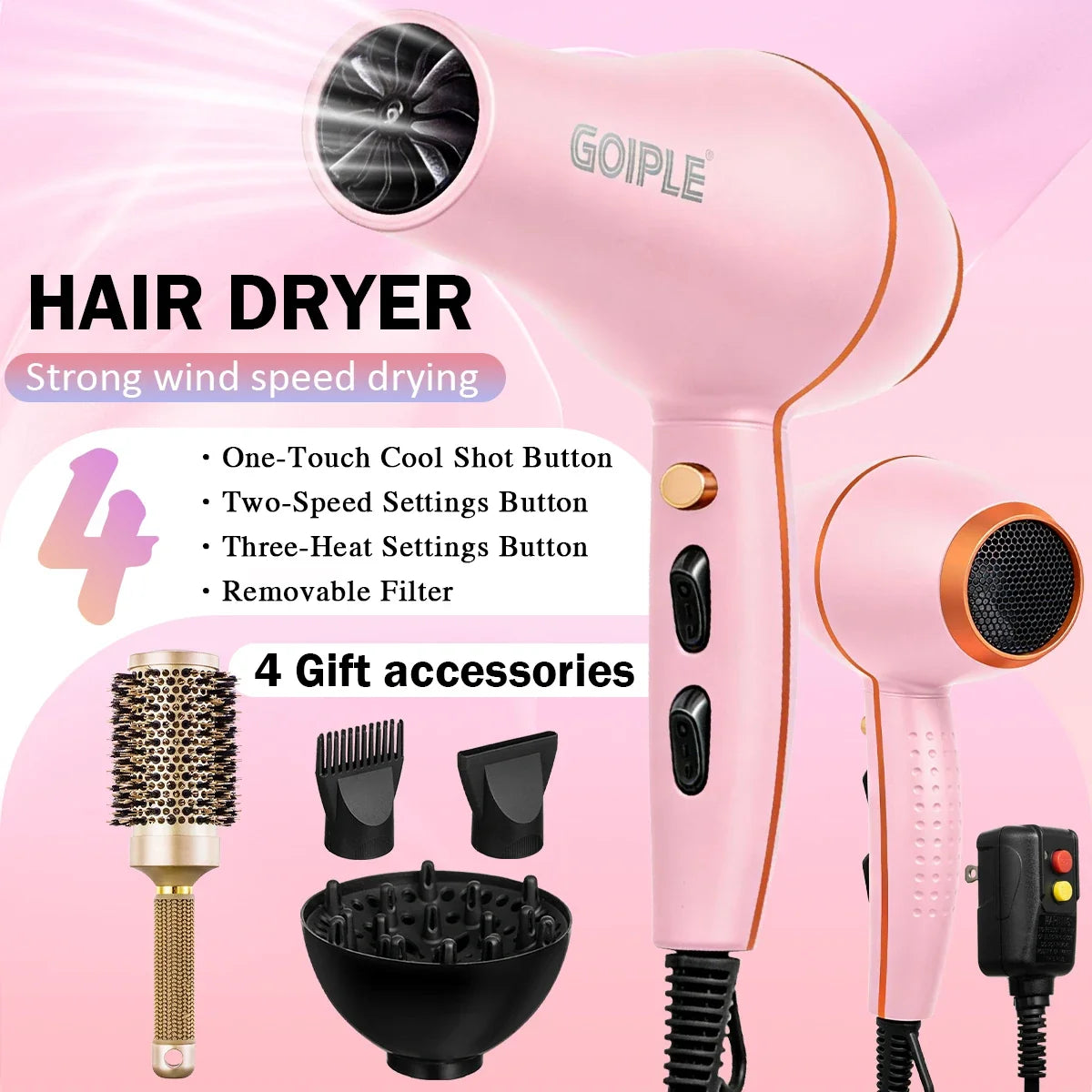 GOIPLE Blow Dryer Set with Multi-Accessories, Pink Hair Dryer with Round Brush and Attachments for All-Round Styling