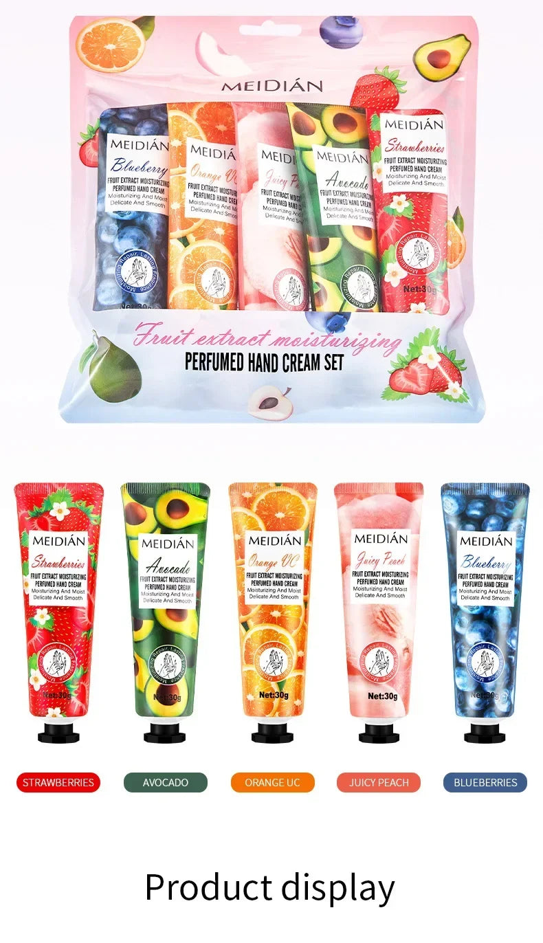 Five piece fruit scented hand cream for moisturizing and long-lasting fragrance retention. Hand care mask cream