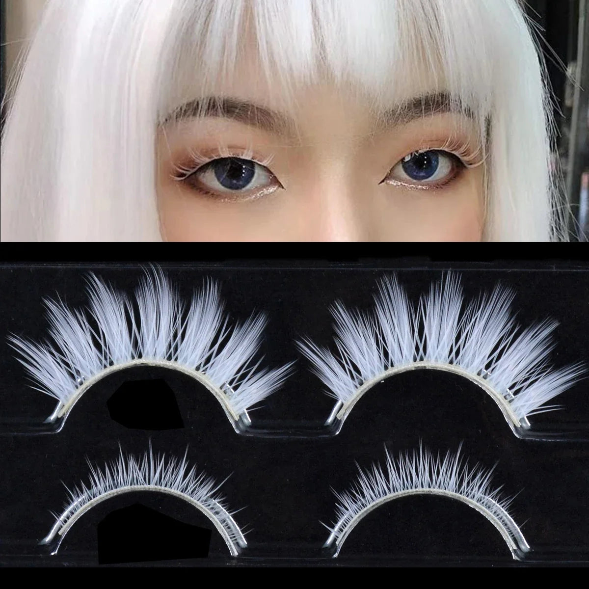 2 Pairs/cas 3D White Eyelashes Clear Band Snow Color Eye Lashes Cosplay Halloween Manga Lashes Makeup Up and Lower Bottom Lashes