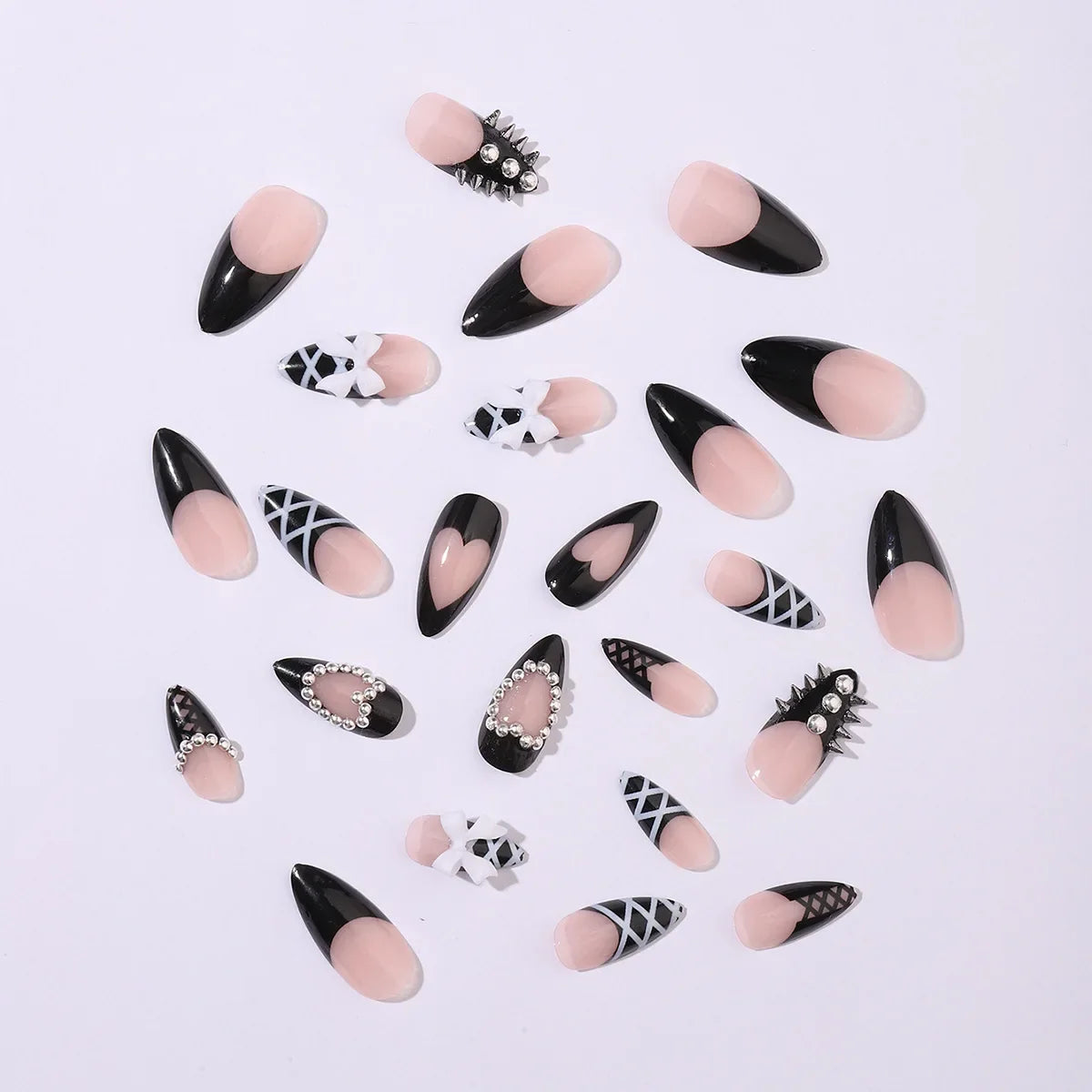 Black Cool Fake Nails Halloween Bat Press on Nails Almond Decorated Nail Tips Rivet Bow False Nails 24pcs Reusable Acrylic Nails