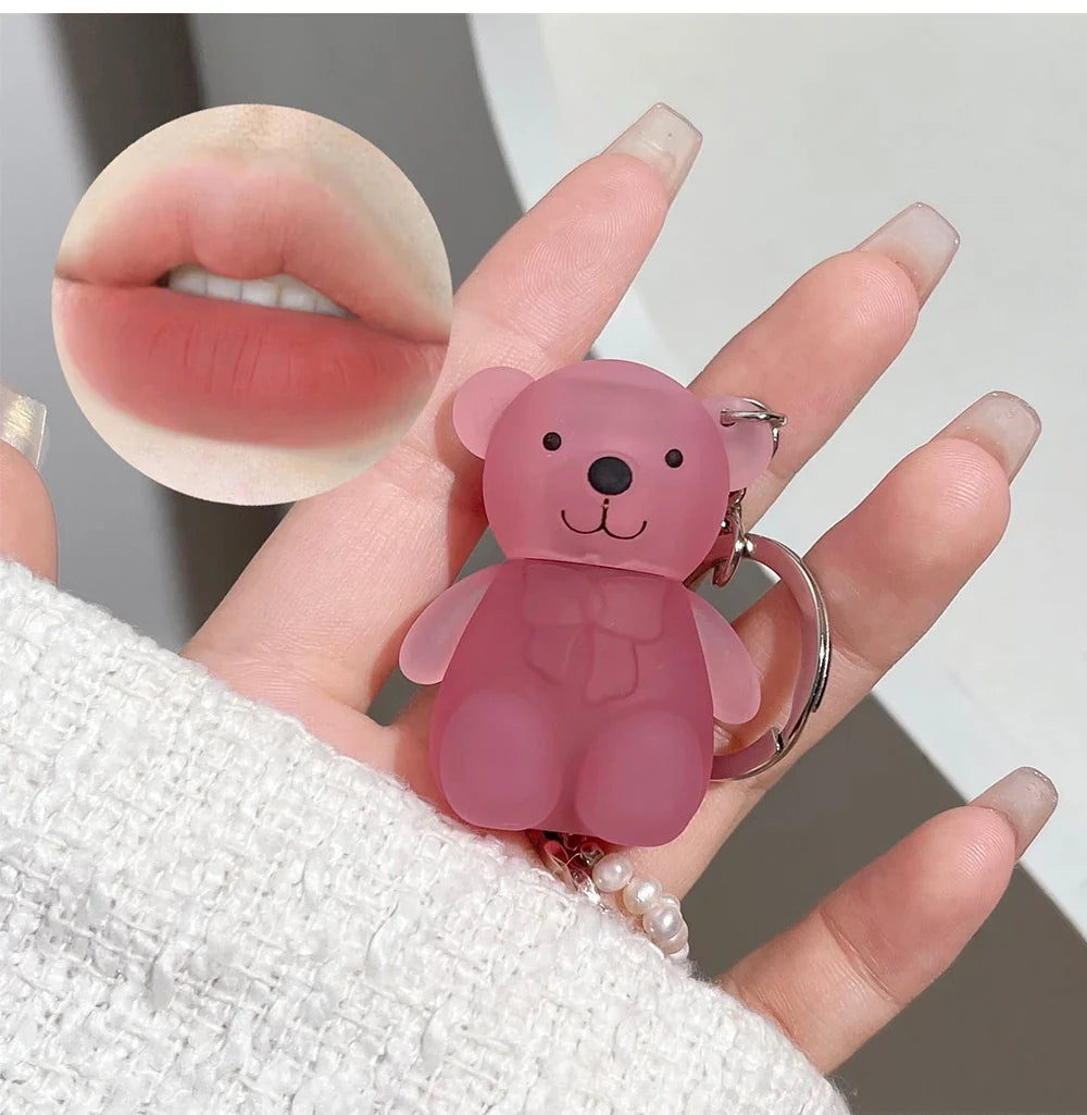 Cute Bear Velvet Lip Mud Keychain Matte Nude Red Lip Gloss Autumn Winter Non-stick Cup Lipstick Waterproof Lasting Lips Makeup