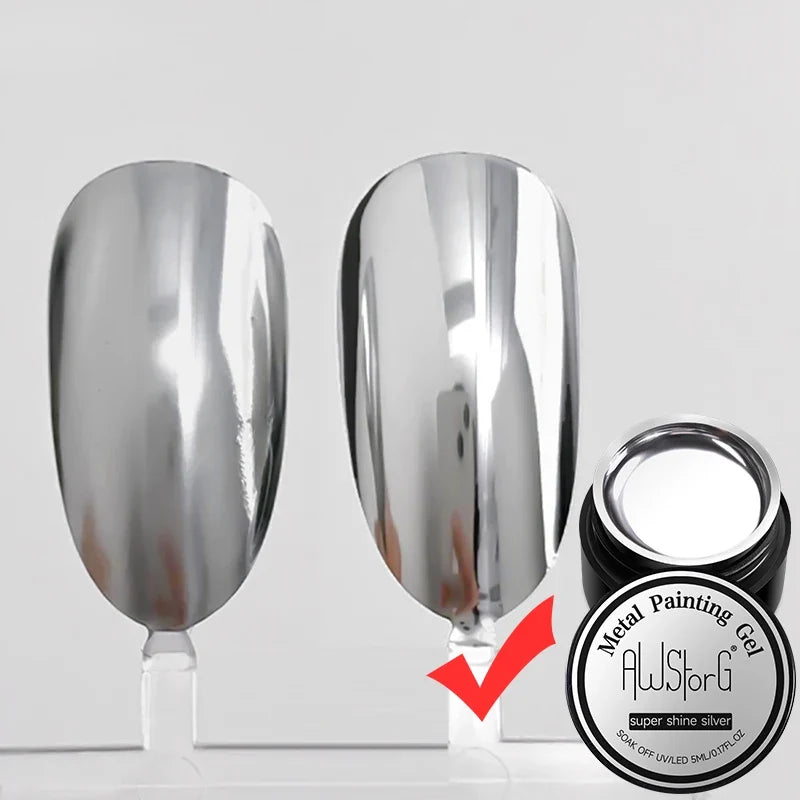 AWStorG 5ML Super Silver Metallic Gel Nail Polish Metal Effect Painting Gel Chromes Varnis Semi Permanent for Nail DIY