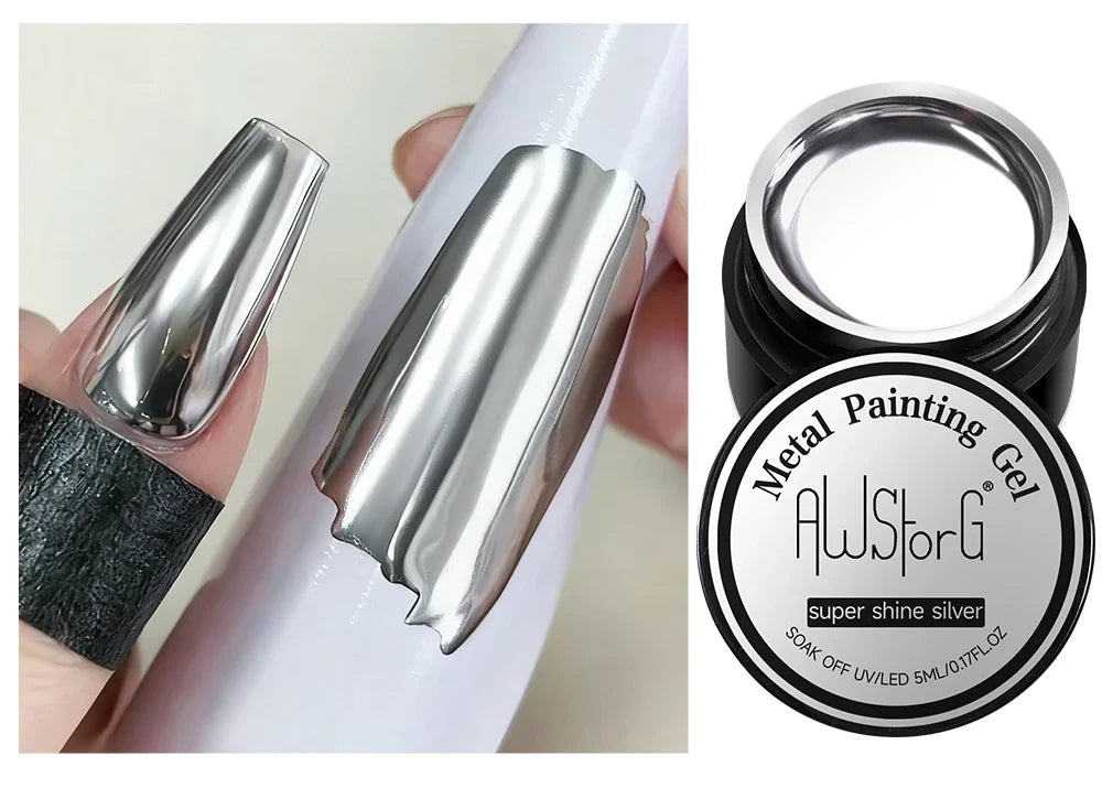AWStorG 5ML Super Silver Metallic Gel Nail Polish Metal Effect Painting Gel Chromes Varnis Semi Permanent for Nail DIY