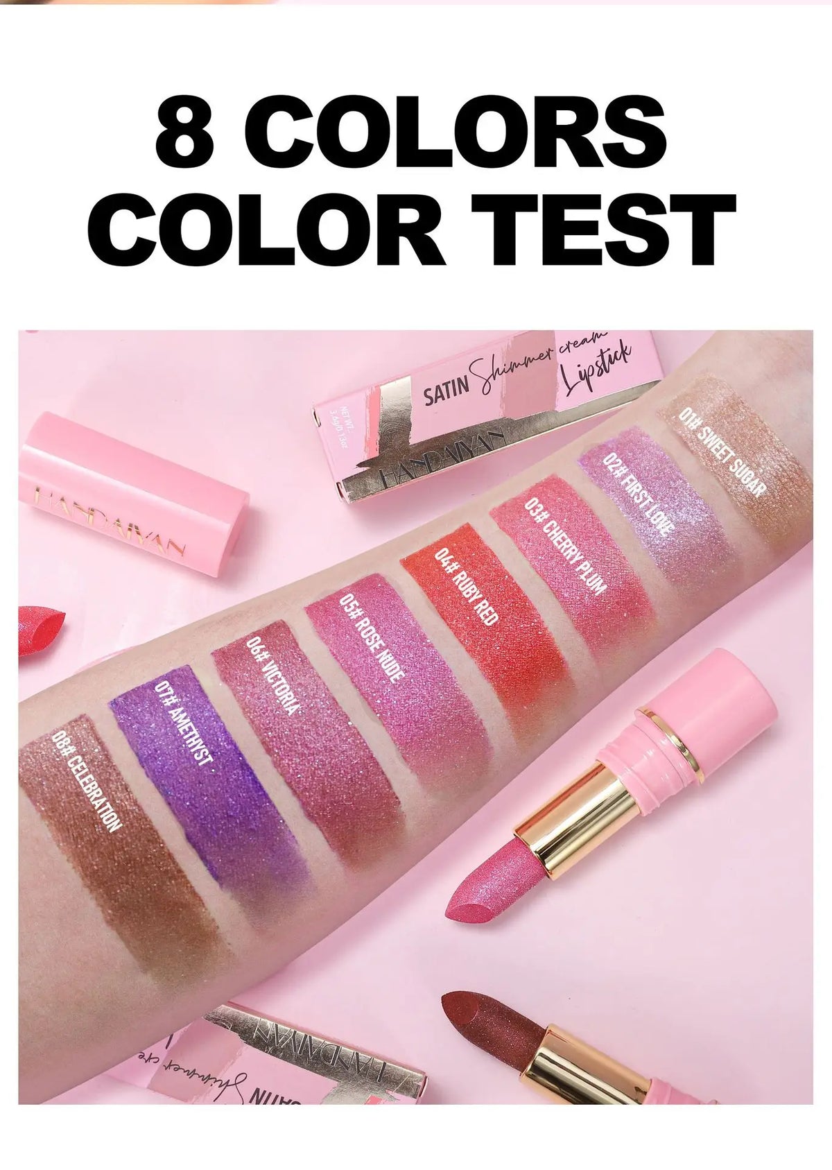 8 Colors Glitter Diamond Lipstick Long-Lasting Pink Brown Pearlescent Metallic Purple Sparkling Lipstick Makeup Cosmetic