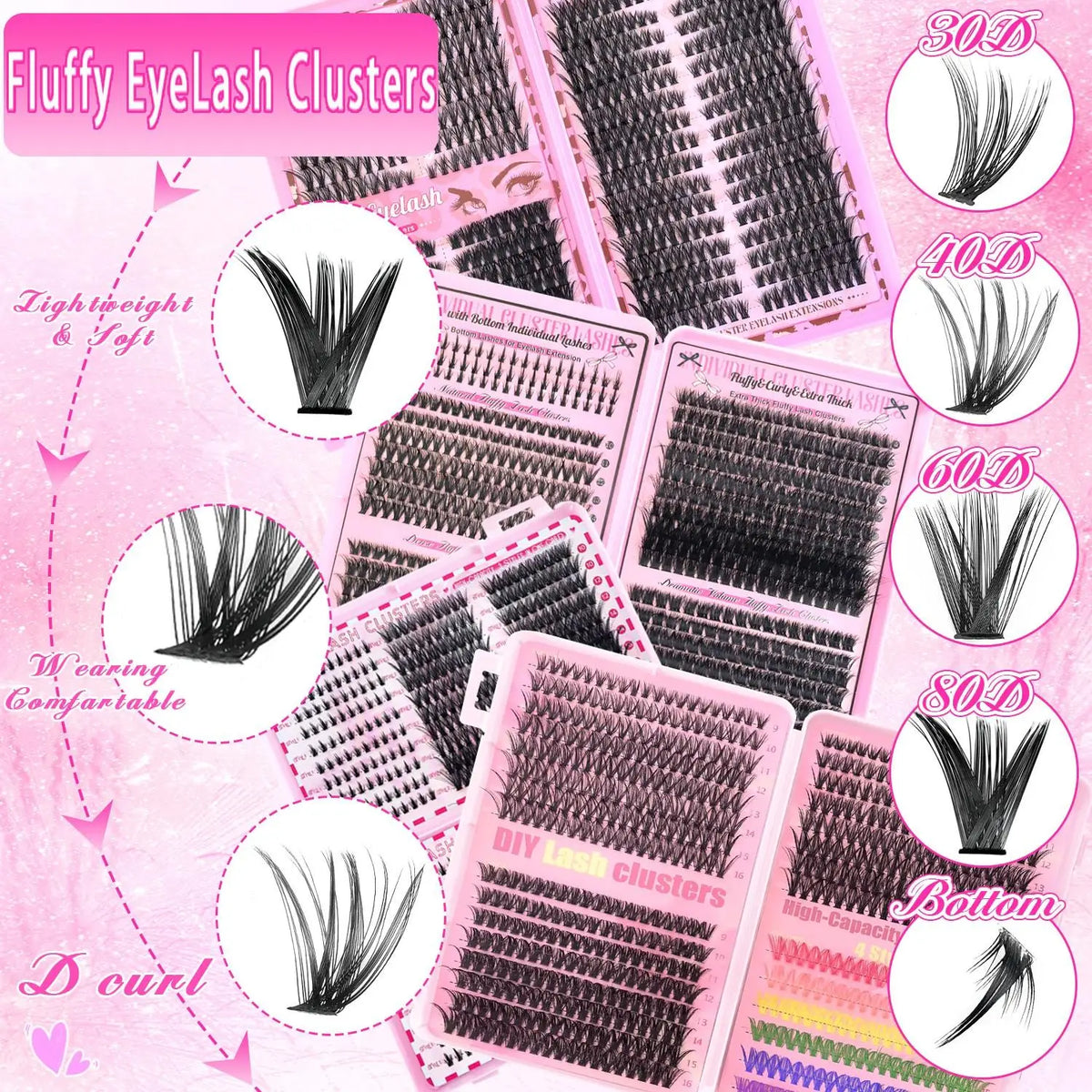 17 Pairs D Curl Cluster Eyelash Extensions, soft reusable fluffy thick upper & lower DIY individual lashes.