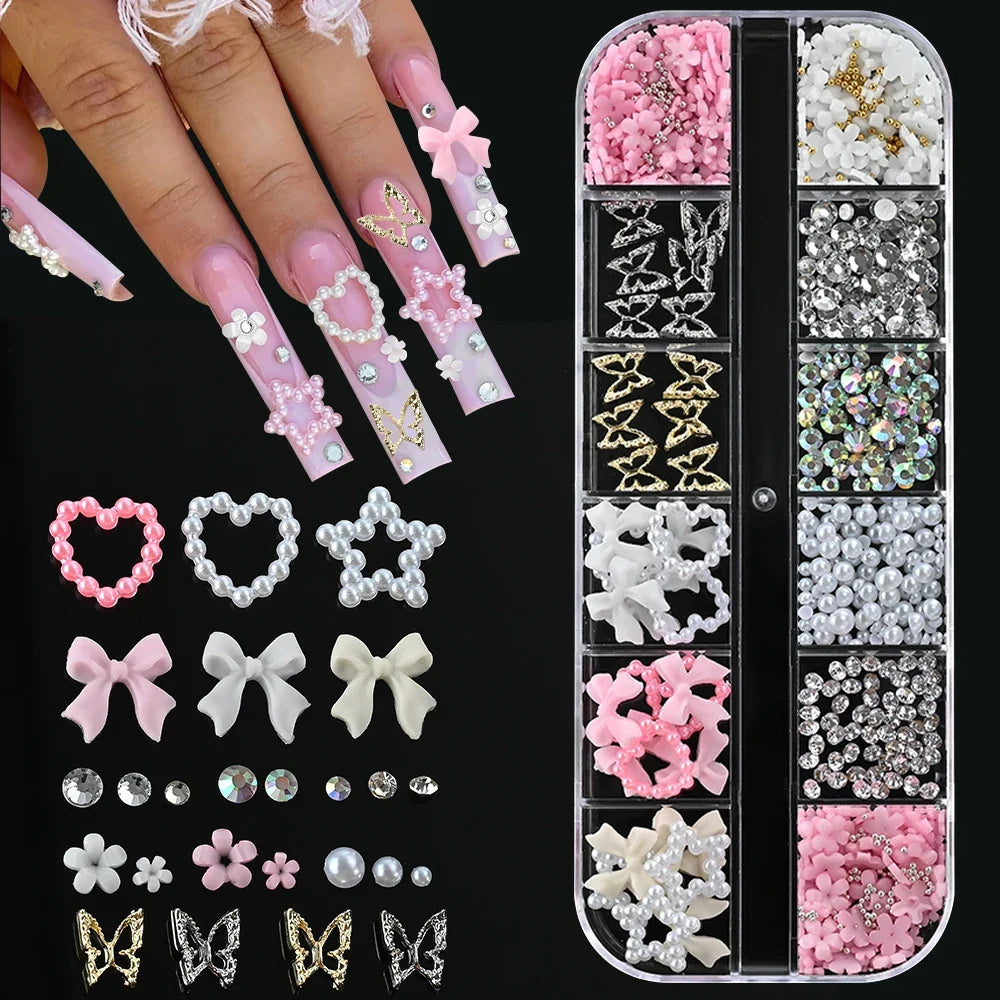 12 Grids Flatback Gold Silver Pearl Beads Nail Charms Round Caviar Ball For Nail Art Decorations 3D Nail Jewelry Rhinestones