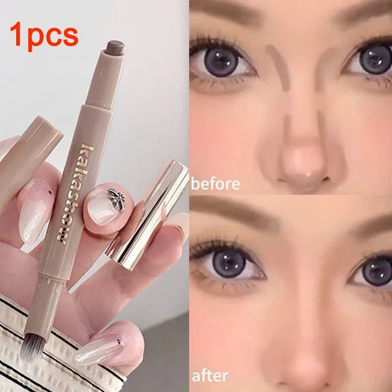 3D Contouring Pen Matte Bronzer Stick Grey Brown Nose Shadow Contour Pen With Brush Double Head Facial Contour Stick Makeup