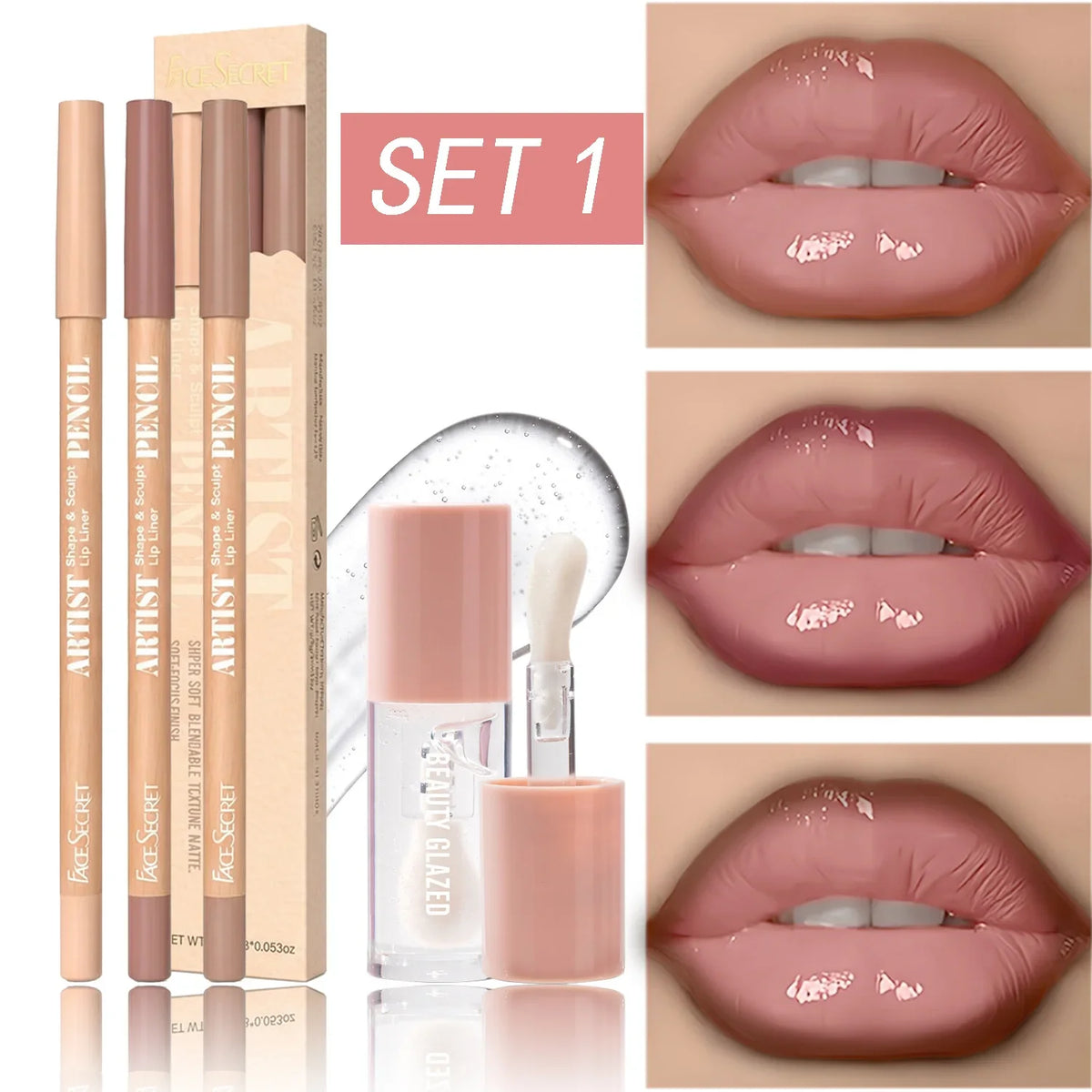 4Pcs Lip Liner & Lip Gloss Set Waterproof Long-lasting Smudge-proof Smooth Daily Lip Makeup Kit