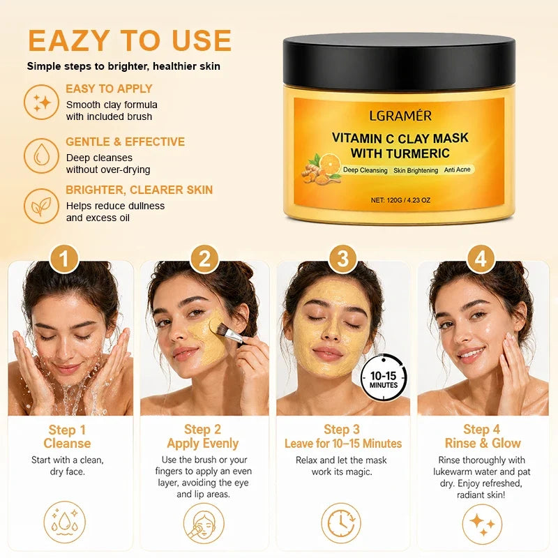 120g Turmeric Clay Mask, Deep Cleansing Formula, Effectively Controls Oil, Tightens Pores, Fades Dull Complexion and Rough Skin