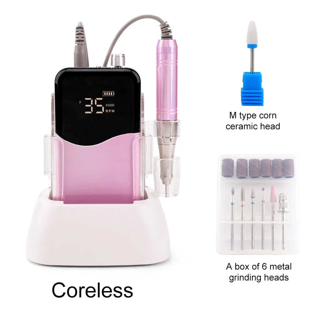 Coreless Motor Handle 35000RPM Portable Professional Nail Drill with Desktop Base 35K Cordless Battery Wireless Powerful Wave