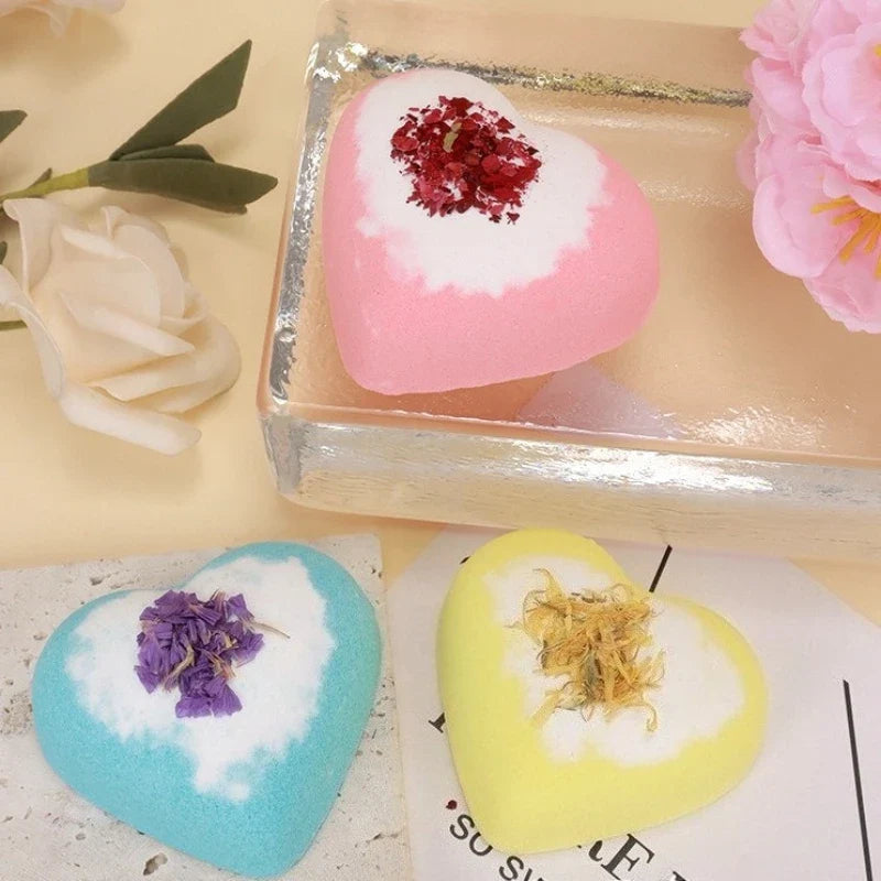 80g Heart Shape Bath Salt Dried Flower Fizzy Salt Ball Essential Oil Aromatherapy Spa Bubble Bath Soak Hotel Luxury Bath Gift