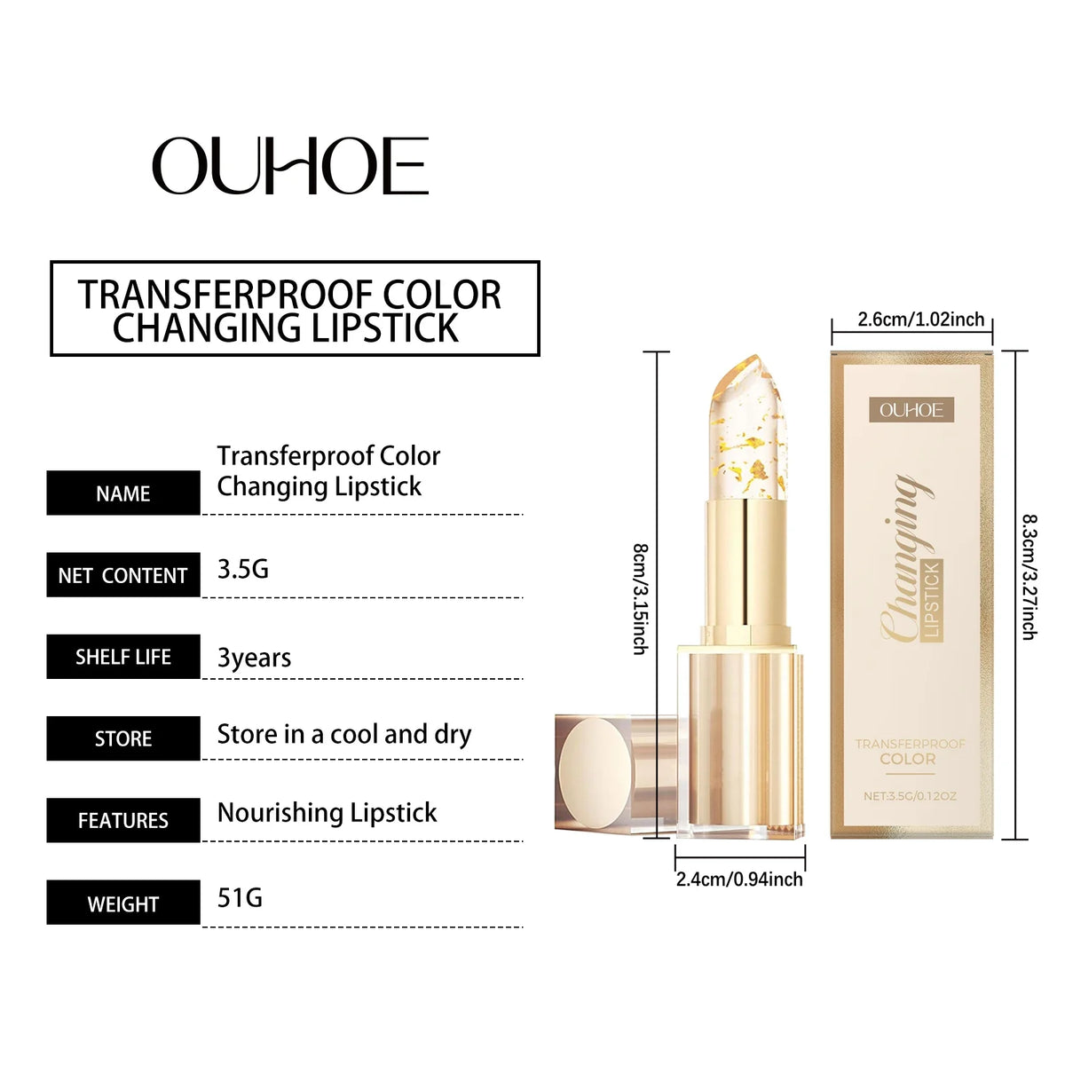 Gold Foil Color Changing Lip Balm Glossy Non-Sticky Nourishing Moisturizing Lasting Transferproof Color Changing Lipstick